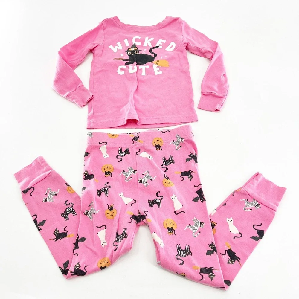 Old Navy Girls 3T Halloween Pajamas Pink Wicked Cute Black Cat Pumpkin Set